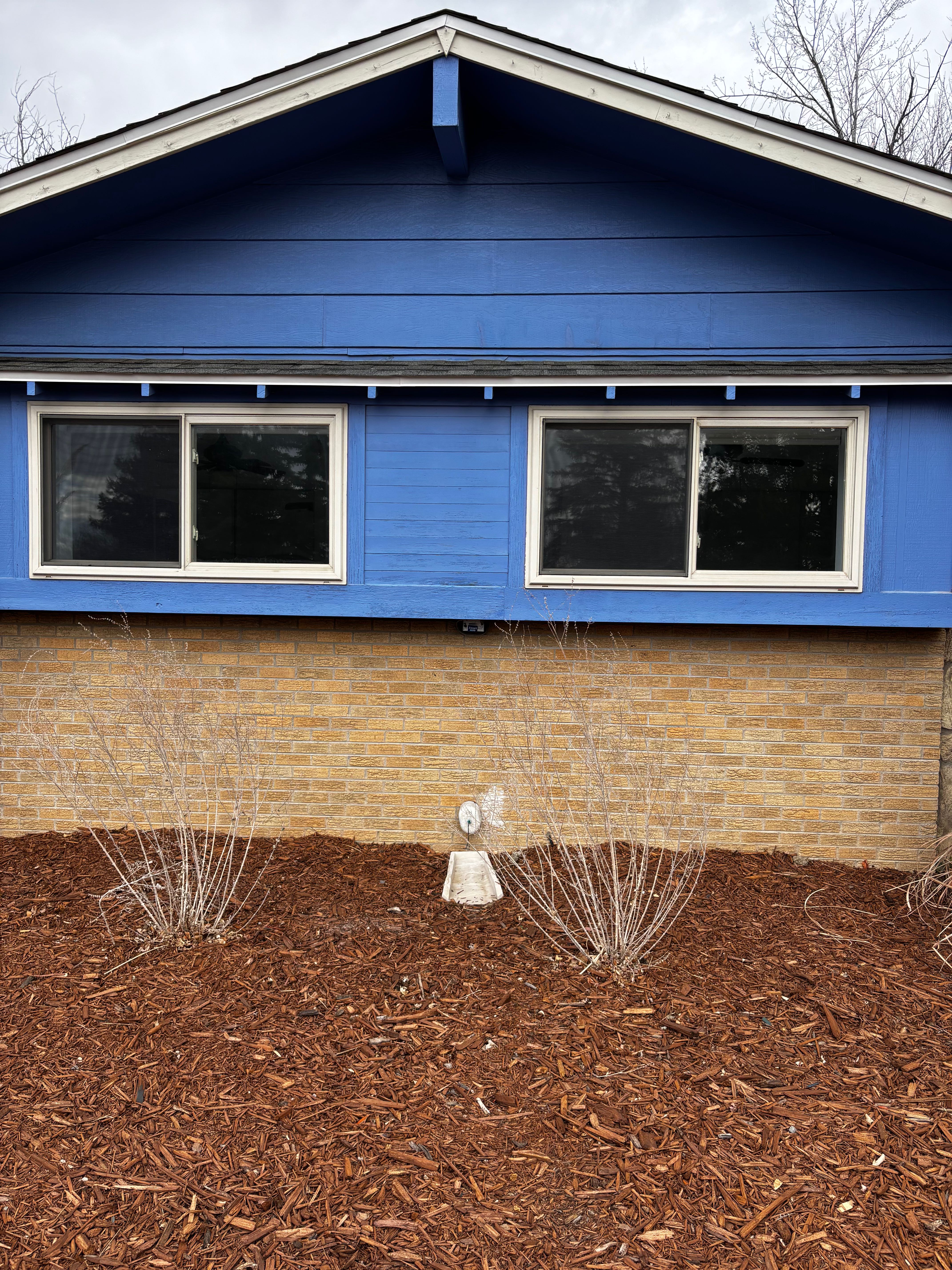 Blue house exterior with tinted windows